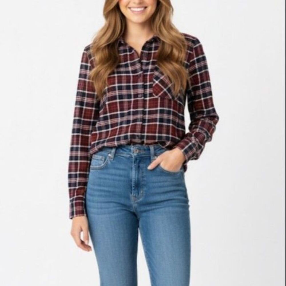 Lands’ End Women's Wine Navy Plaid Cotton Flannel Button Front Shirt Size 12